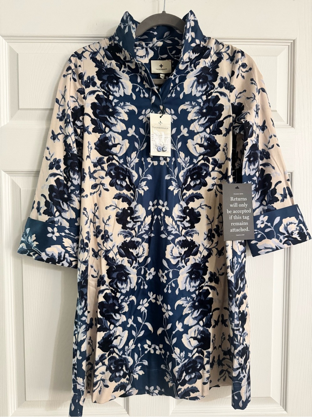 NWT Tuckernuck Floral Horizon High Collar Dress XS Blue Ivory Pockets